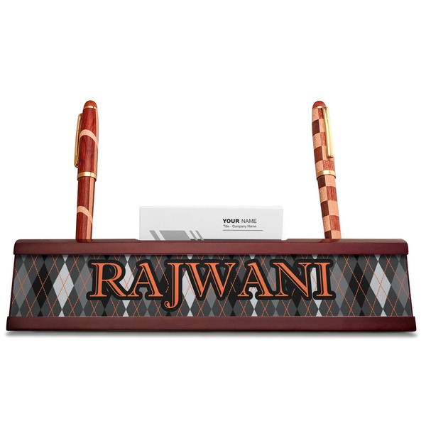 Modern Chic Argyle Red Mahogany Nameplates with Business Card Holder - Straight