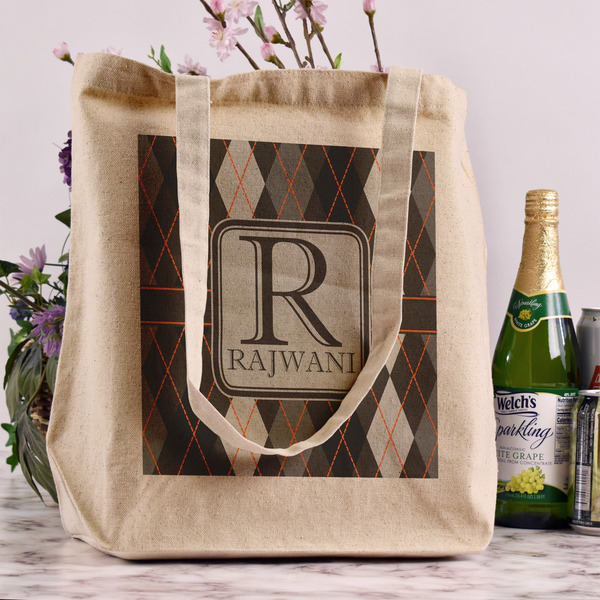 Modern Chic Argyle Reusable Cotton Grocery Bag - In Context