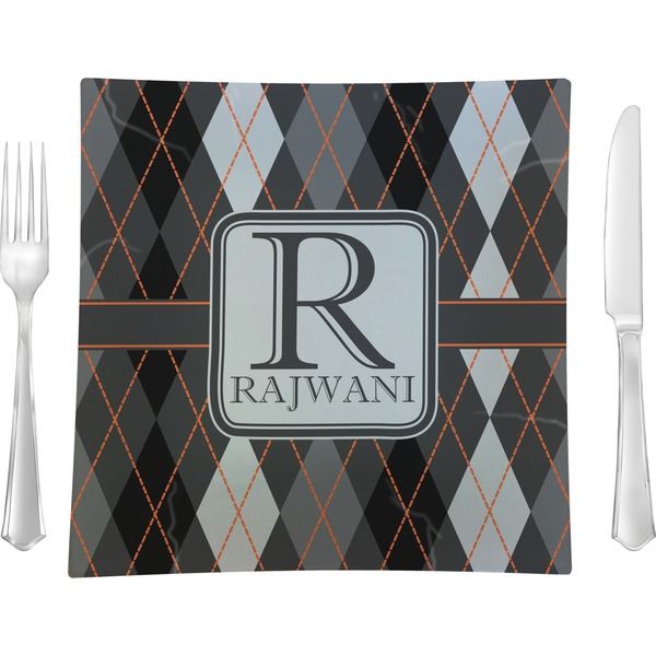 Custom Modern Chic Argyle 9.5" Glass Square Lunch / Dinner Plate- Single or Set of 4 (Personalized)