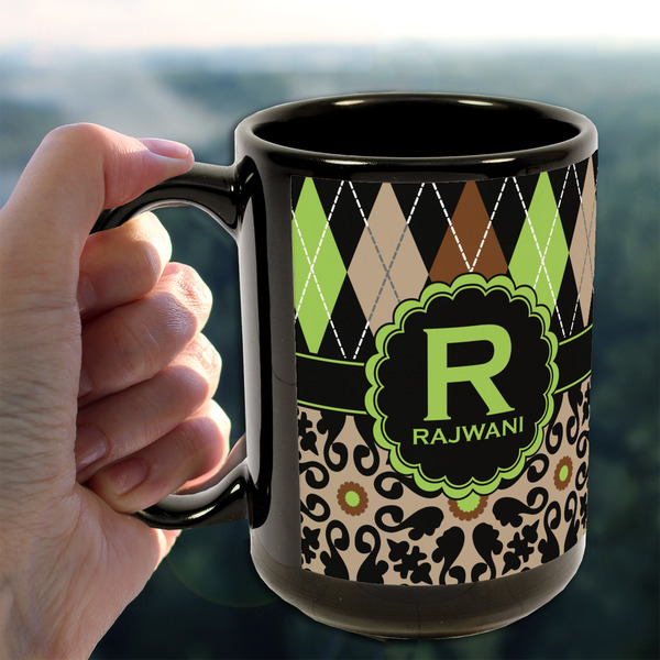 Argyle & Moroccan Mosaic 15oz. Black Mug - LIFESTYLE