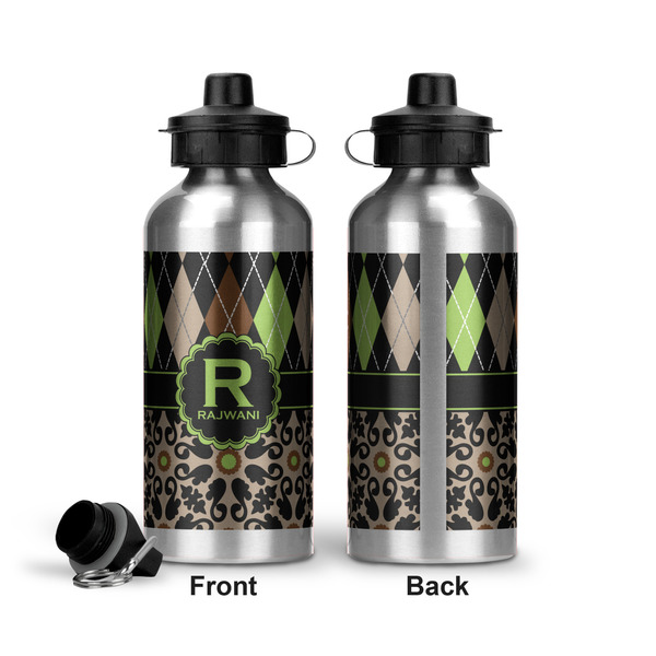 Argyle & Moroccan Mosaic Aluminum Water Bottle - Front and Back
