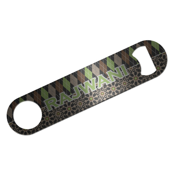 Custom Argyle & Moroccan Mosaic Bar Bottle Opener - Silver w/ Name and Initial