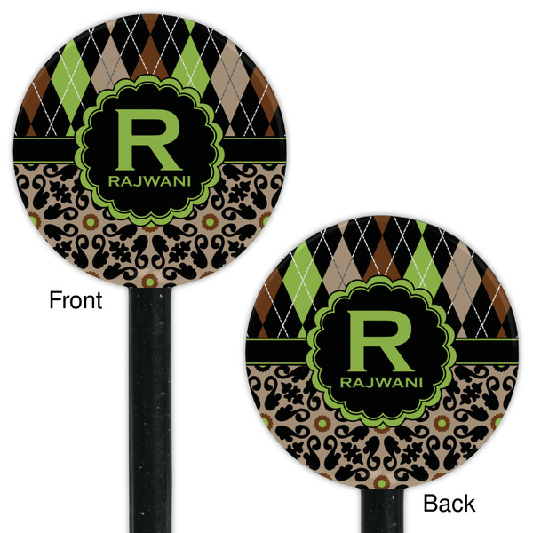 Argyle & Moroccan Mosaic Black Plastic 5.5" Stir Stick - Double Sided - Round - Front & Back