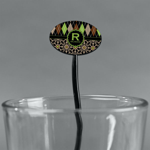 Argyle & Moroccan Mosaic Black Plastic 7" Stir Stick - Oval - Main