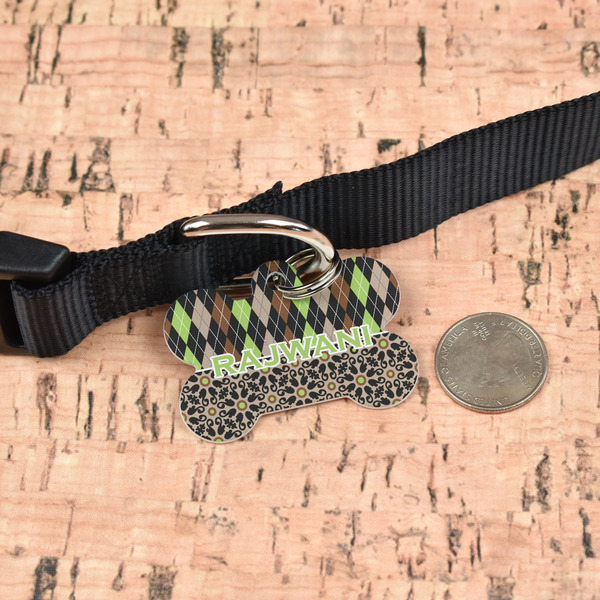 Argyle & Moroccan Mosaic Bone Shaped Dog ID Tag - Large - In Context