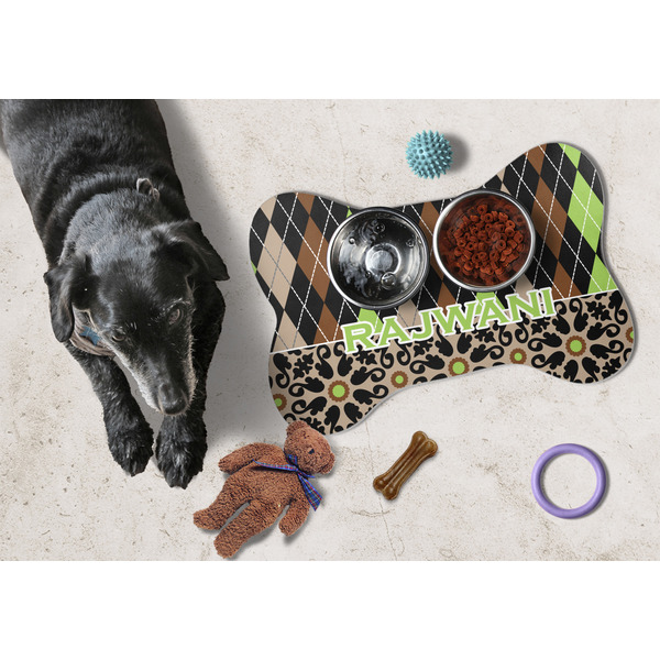 Argyle & Moroccan Mosaic Bone Shaped Mat w/ Food & Water