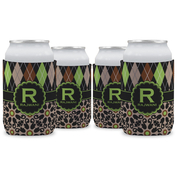 Custom Argyle & Moroccan Mosaic Can Cooler (12 oz) - Set of 4 w/ Name and Initial