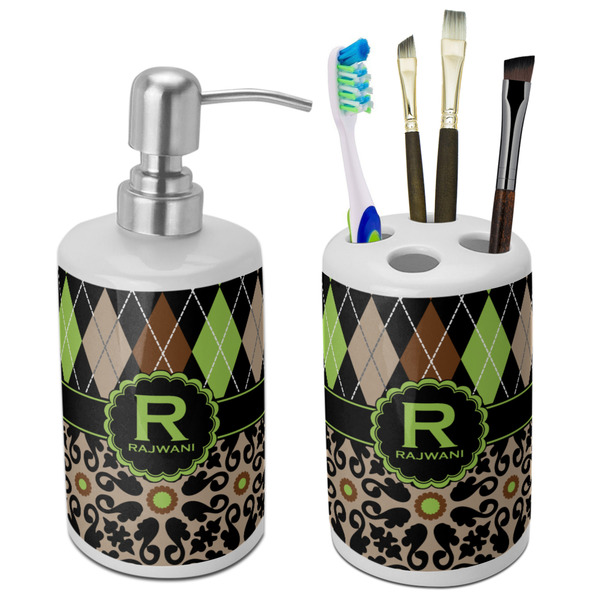 Custom Argyle & Moroccan Mosaic Ceramic Bathroom Accessories Set (Personalized)