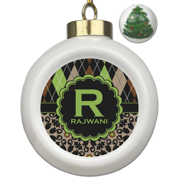 Custom Argyle & Moroccan Mosaic Ceramic Ball Ornament - Christmas Tree (Personalized)