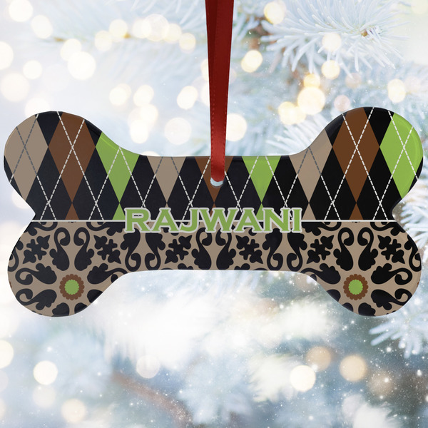 Custom Argyle & Moroccan Mosaic Ceramic Dog Ornament w/ Name and Initial