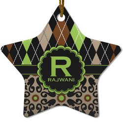 Argyle & Moroccan Mosaic Star Ceramic Ornament w/ Name and Initial