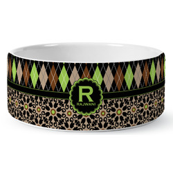 Argyle & Moroccan Mosaic Ceramic Dog Bowl - Large (Personalized)