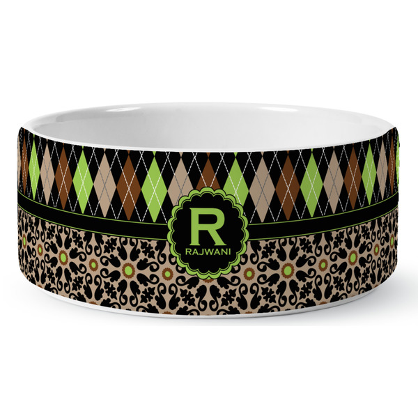 Custom Argyle & Moroccan Mosaic Ceramic Dog Bowl - Large (Personalized)