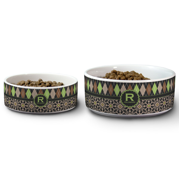 Argyle & Moroccan Mosaic Ceramic Dog Bowls - Size Comparison