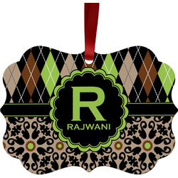 Argyle & Moroccan Mosaic Metal Frame Ornament - Double Sided w/ Name and Initial