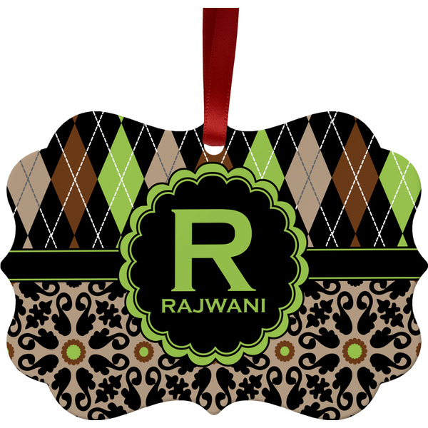 Custom Argyle & Moroccan Mosaic Metal Frame Ornament - Double Sided w/ Name and Initial