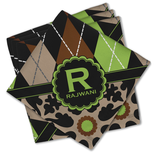 Custom Argyle & Moroccan Mosaic Cloth Cocktail Napkins - Set of 4 w/ Name and Initial