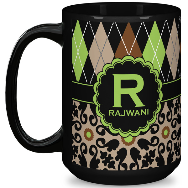 Custom Argyle & Moroccan Mosaic 15 Oz Coffee Mug - Black (Personalized)