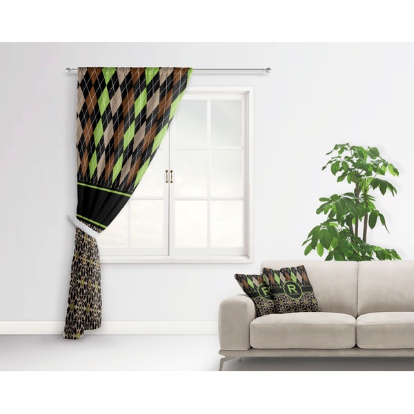Argyle & Moroccan Mosaic Curtain With Window and Rod - in Room Matching Pillow
