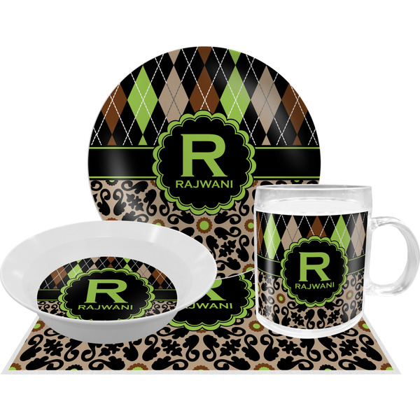 Custom Argyle & Moroccan Mosaic Dinner Set - Single 4 Pc Setting w/ Name and Initial