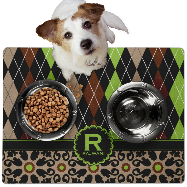 Custom Argyle & Moroccan Mosaic Dog Food Mat - Medium w/ Name and Initial