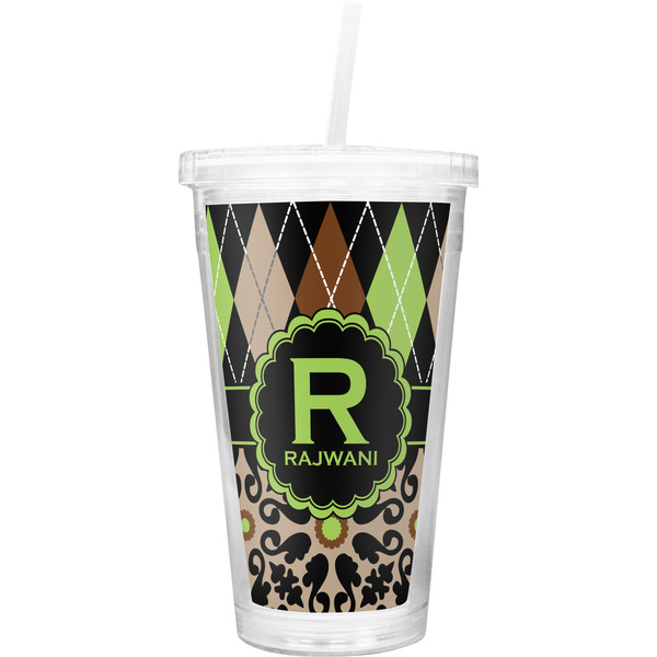 Custom Argyle & Moroccan Mosaic Double Wall Tumbler with Straw (Personalized)