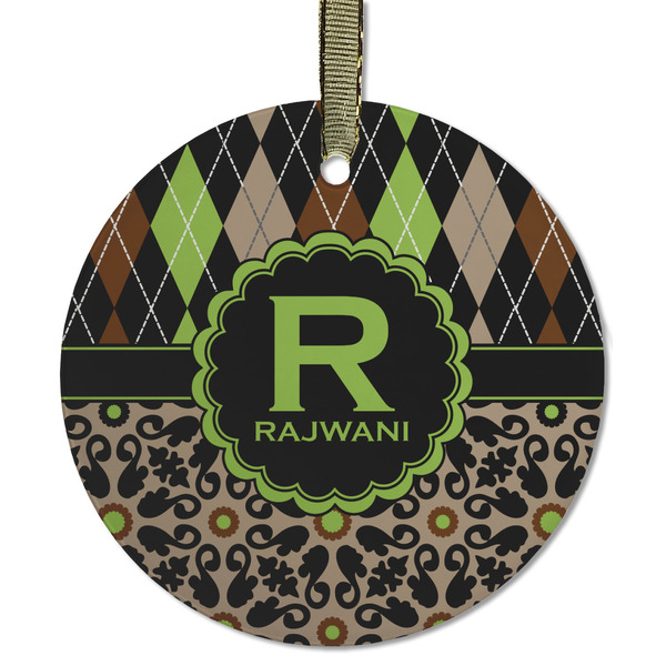Custom Argyle & Moroccan Mosaic Flat Glass Ornament - Round w/ Name and Initial