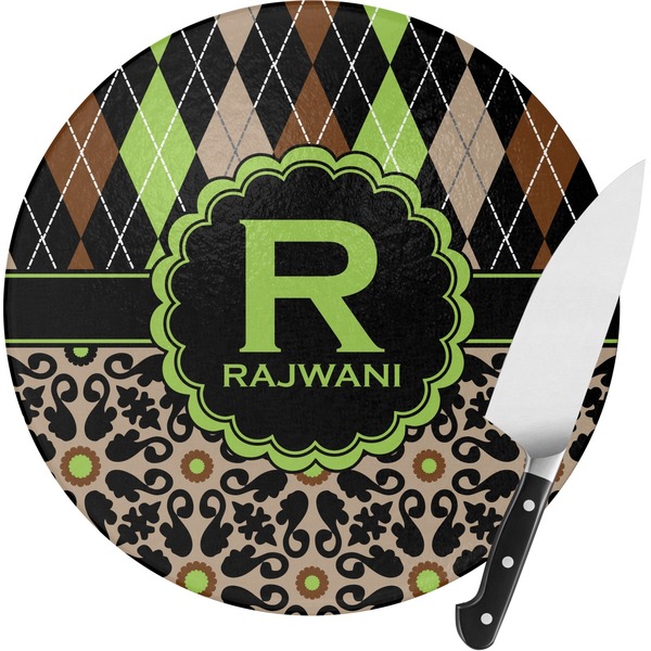 Custom Argyle & Moroccan Mosaic Round Glass Cutting Board - Medium (Personalized)