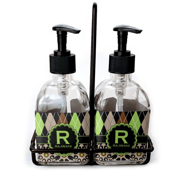 Custom Argyle & Moroccan Mosaic Glass Soap & Lotion Bottle Set (Personalized)