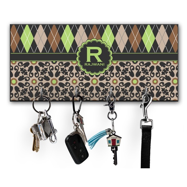 Custom Argyle & Moroccan Mosaic Key Hanger w/ 4 Hooks w/ Name and Initial