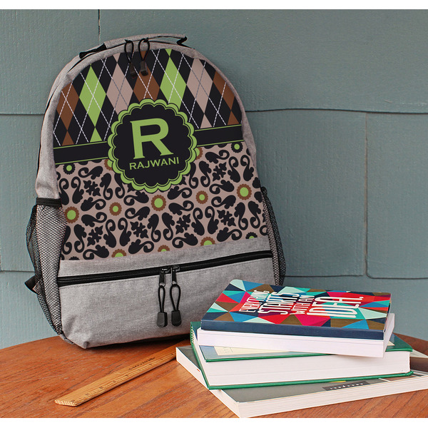 Argyle & Moroccan Mosaic Large Backpack - Gray - On Desk