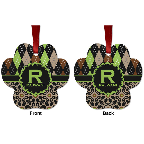 Argyle & Moroccan Mosaic Metal Paw Ornament - Front and Back