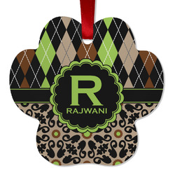 Argyle & Moroccan Mosaic Metal Paw Ornament - Double Sided w/ Name and Initial