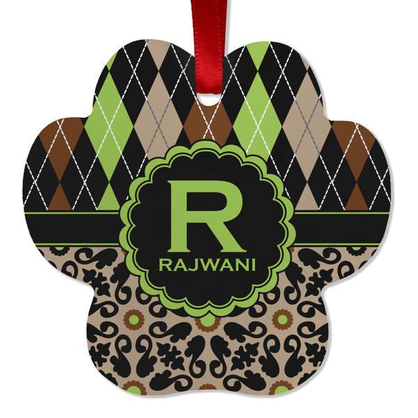 Custom Argyle & Moroccan Mosaic Metal Paw Ornament - Double Sided w/ Name and Initial