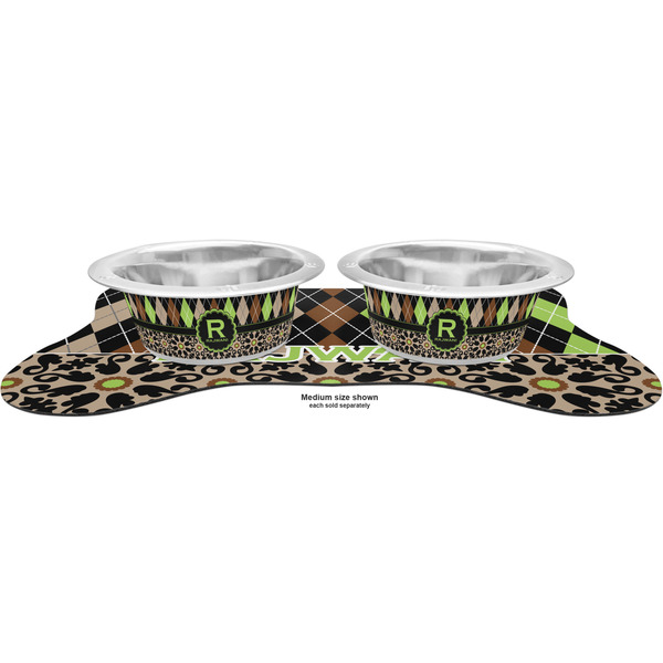 Argyle & Moroccan Mosaic Metal Pet Bowls - On Dog Bone Shaped Mat
