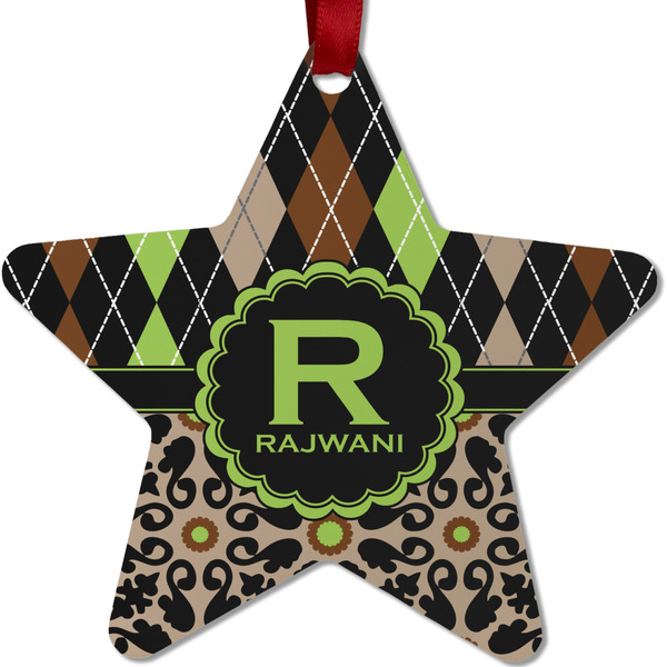 Custom Argyle & Moroccan Mosaic Metal Star Ornament - Double Sided w/ Name and Initial