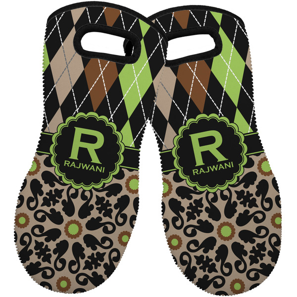 Custom Argyle & Moroccan Mosaic Neoprene Oven Mitts - Set of 2 w/ Name and Initial