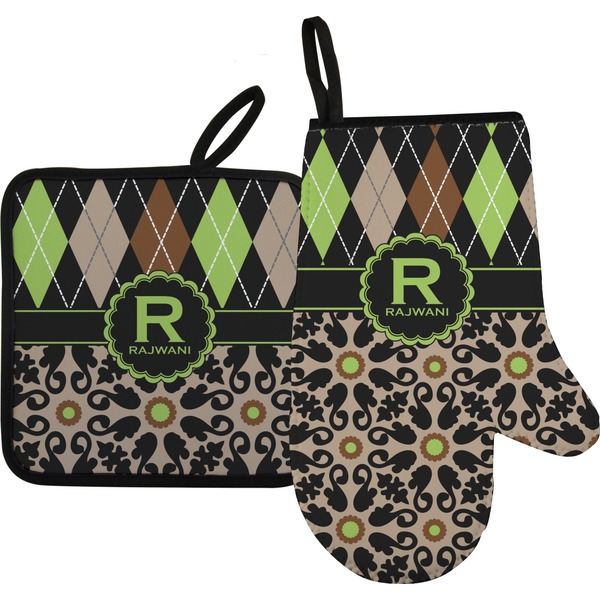Custom Argyle & Moroccan Mosaic Oven Mitt & Pot Holder Set w/ Name and Initial
