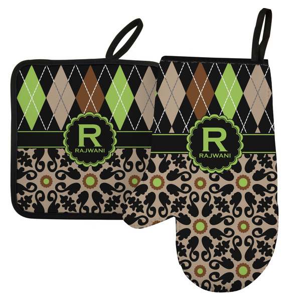 Custom Argyle & Moroccan Mosaic Left Oven Mitt & Pot Holder Set w/ Name and Initial