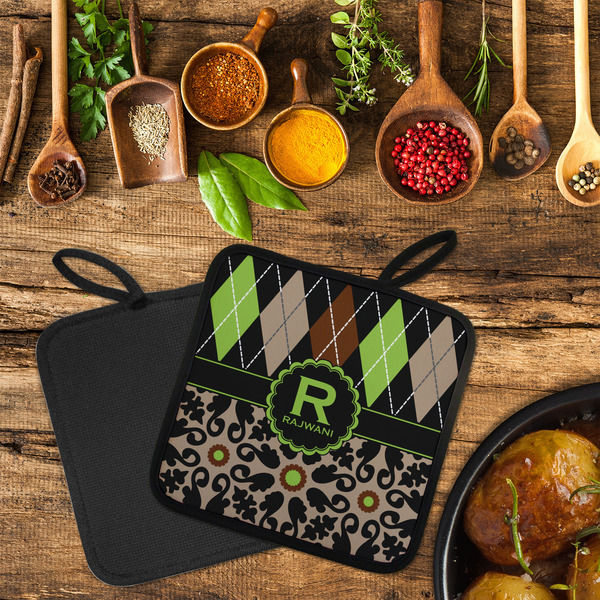 Argyle & Moroccan Mosaic Neoprene Pot Holder - Set of 2  LIFESTYLE (Flatlay)