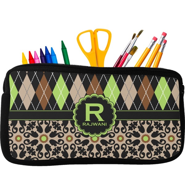 Custom Argyle & Moroccan Mosaic Neoprene Pencil Case - Small w/ Name and Initial