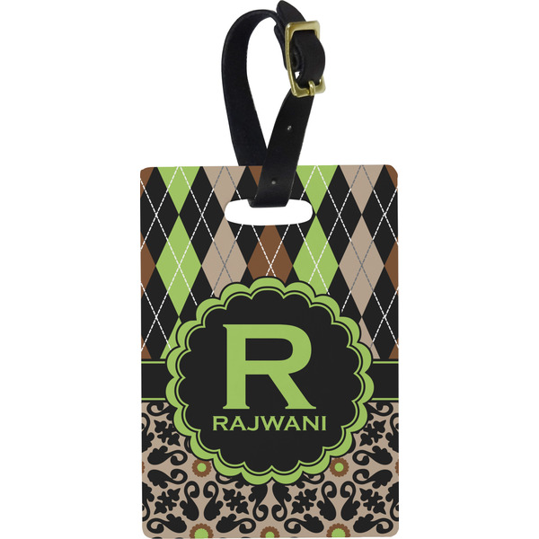 Custom Argyle & Moroccan Mosaic Plastic Luggage Tag - Rectangular w/ Name and Initial