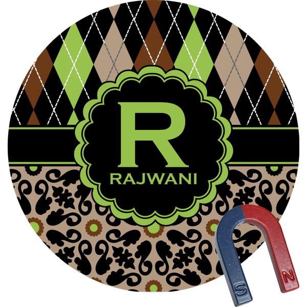 Custom Argyle & Moroccan Mosaic Round Fridge Magnet (Personalized)