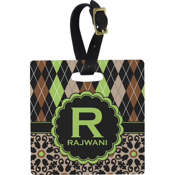 Custom Argyle & Moroccan Mosaic Plastic Luggage Tag - Square w/ Name and Initial