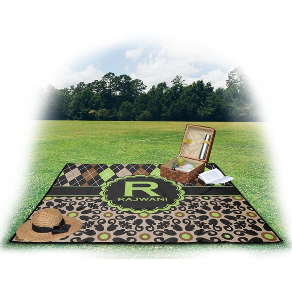 Argyle & Moroccan Mosaic Picnic Blanket - with Basket Hat and Book - in Use