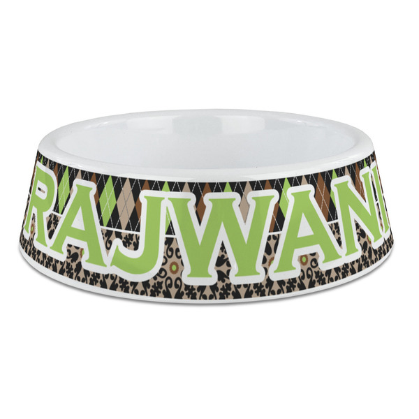 Custom Argyle & Moroccan Mosaic Plastic Dog Bowl - Large (Personalized)