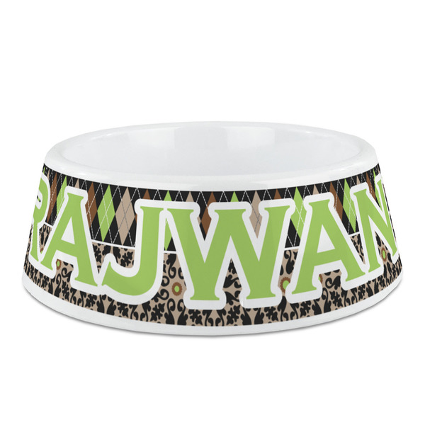 Custom Argyle & Moroccan Mosaic Plastic Dog Bowl - Medium (Personalized)