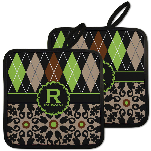Custom Argyle & Moroccan Mosaic Pot Holders - Set of 2 w/ Name and Initial