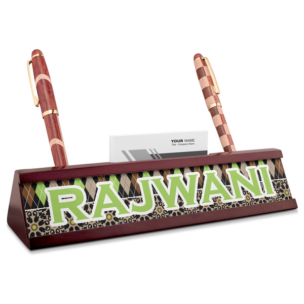 Custom Argyle & Moroccan Mosaic Red Mahogany Nameplate with Business Card Holder (Personalized)