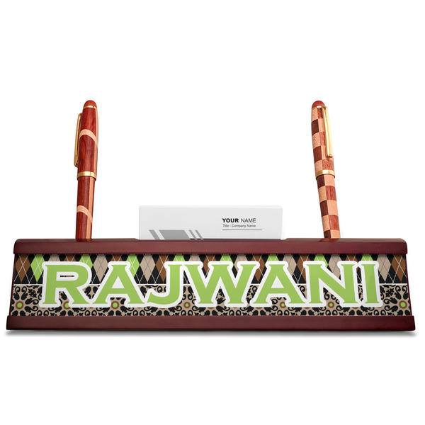 Argyle & Moroccan Mosaic Red Mahogany Nameplates with Business Card Holder - Straight